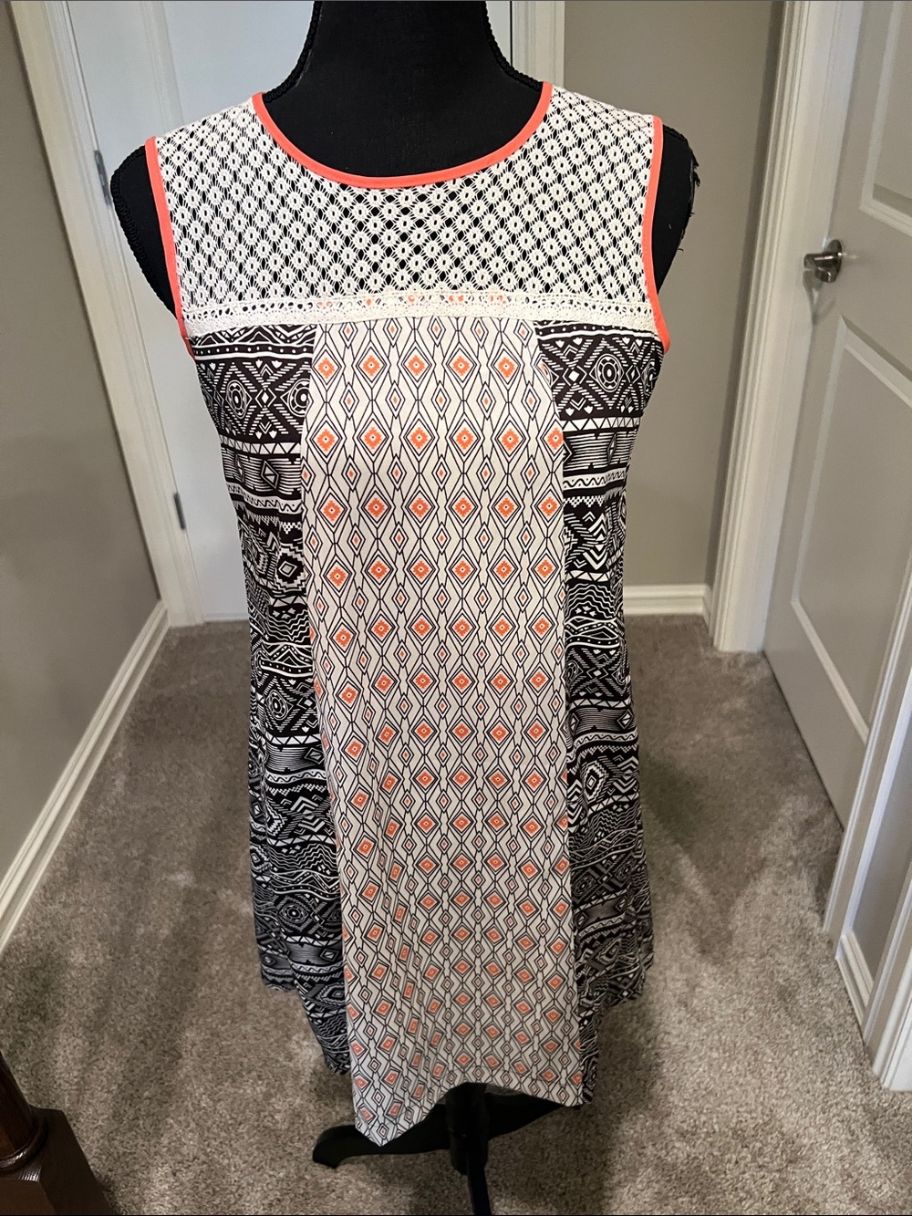 Sleeveless Black & White Patterned Mini Dress with Coral Trim